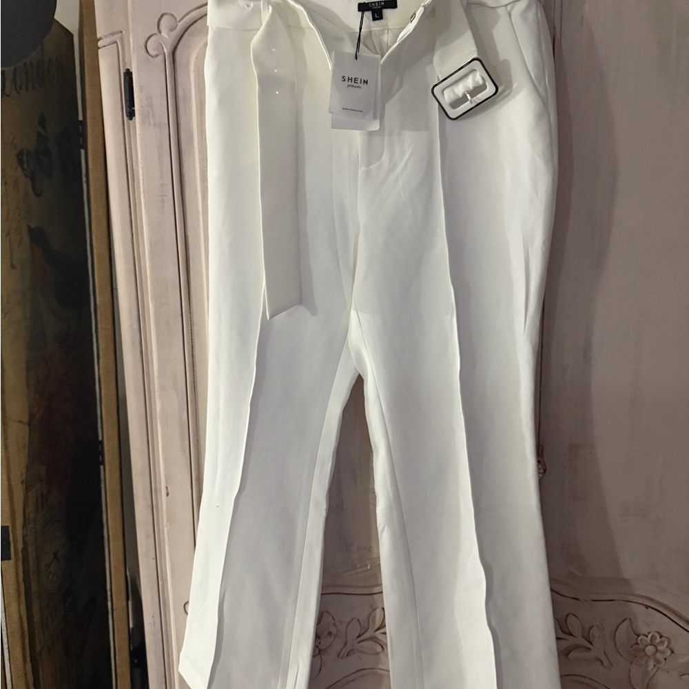 SHEIN White Textured Full-Length Dress Pants